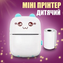 Мини принтер детский "Котик" беспроводной для печати фото, наклеек, стикеров, этикеток, чеков, для телефона Голубой
